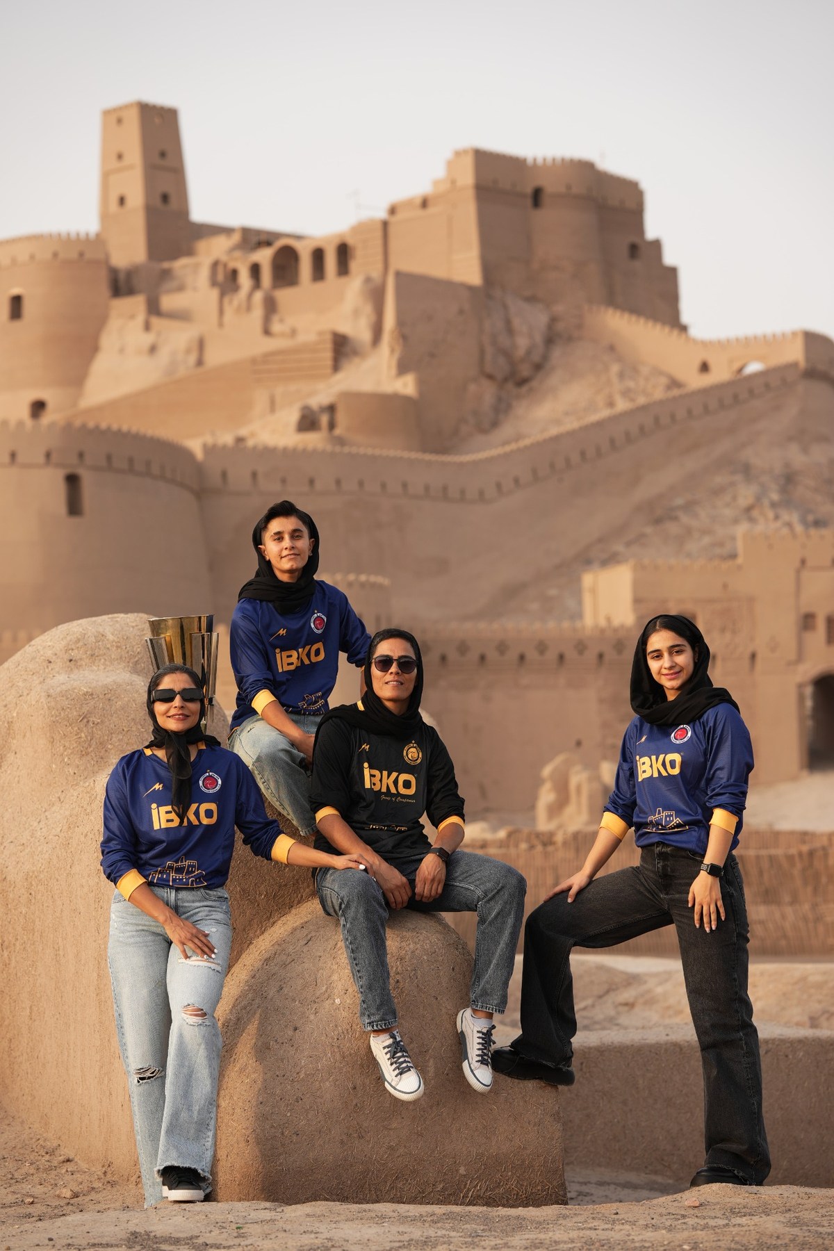 Bam Khatoon FC players at the historic Bam Citadel
